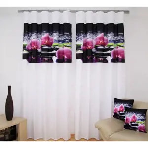 Produkt Bílá luxusní záclona s černým motivem růžových orchidejí