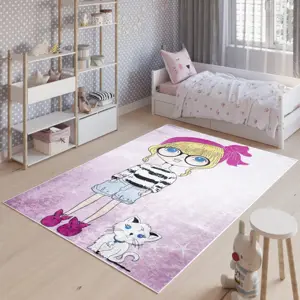 Dětský koberec do dívčího pokoje se slečnou a kočičkou Šířka: 140 cm | Délka: 200 cm
